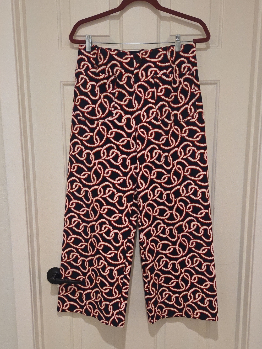 Anthropologie Black & Coral Chain-Print Cropped Wide-Leg Pants